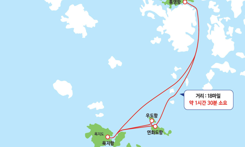 항로명 - 통영-욕지, 거리 18마일, 약 1시간 30분 소요