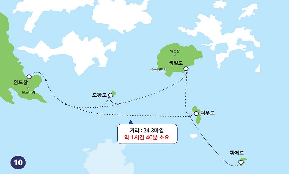 항로명 - 완도-덕우, 거리 24.3마일, 약 1시간 40분 소요