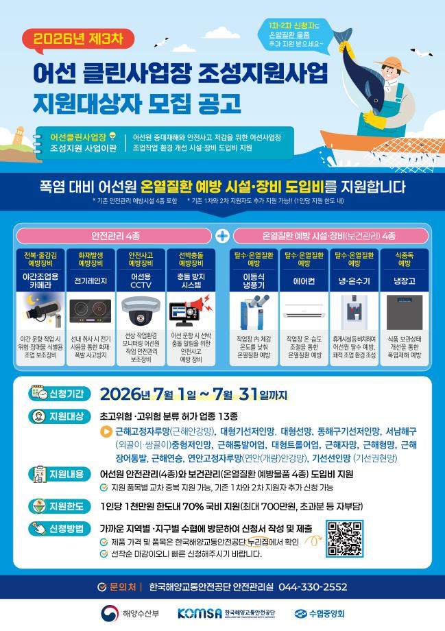 안전관리 장비에 폭염 예방 시설까지··· 어선 클린사업장 지원 품목 확대 이미지