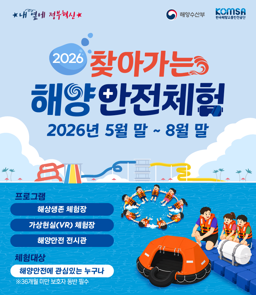 2026 찾아가는 해양안전체험
2026년 5월 말 ~ 8월 말
(프로그램)
- 해상생존 체험장
- 가상현실(VR) 체험장
- 해양안전 전시관