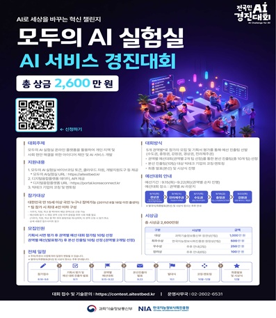AI로 세상을 바꾸는 혁신 챌린지
모두의 AI 실험실
AI 서비스 경진대회
총 상금 2,600만원
대회주제 : 모두의 AI 실험실 온라인 플랫폼을 활용하여 개인, 지역 및 사회 현안 해결을 위한 아이디어 제안 및 AI 서비스 개발