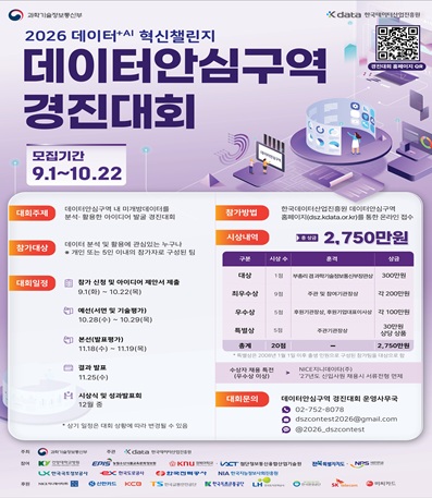 모집기간 : 9.1~10.22
대회주제 : 데이터안심구역 내 미개방데이터를 분석 및 활용한 아이디어 발굴 경진대회
참가대상 : 데이터 분석 및 활용에 관심있는 누구나
* 개인 또는 5인 이내의 참가자로 구성된 팀
참가방법 : 한국데이터산업진흥원 데이터안심구역 홈페이지(dsz.kdata.or.kr)를 통한 온라인 접수